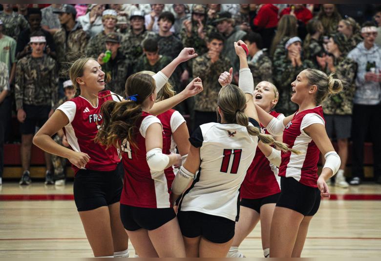 Falcons celebrate an ace serve by junior Kylee Metcalf.   Photos by Sophie Horgan | Editor